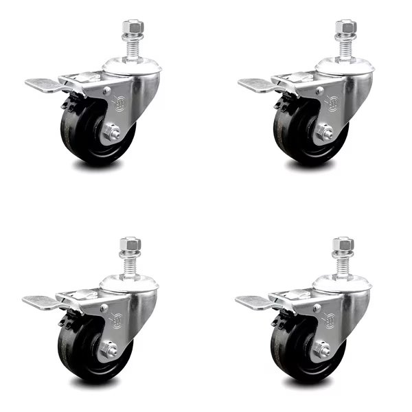 3 Inch Phenolic Swivel 12mm Threaded Stem Caster Set with Total Lock Brake, Service Caster, Mfr#: SCC-TSTTL20S314-PHS-M1215-4